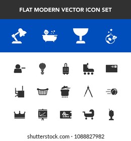 Modern, simple vector icon set with spaceship, business, mail, letter, basket, white, sport, desk, jump, lamp, bag, account, glass, office, store, travel, table, pictogram, science, dinner, fun icons