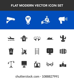 Modern, simple vector icon set with milk, safety, megaphone, restaurant, shipping, green, bottle, security, airport, waste, cactus, nature, business, plastic, tennis, desert, meat, speaker, fish icons