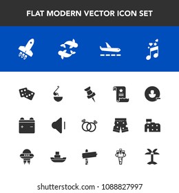 Modern, simple vector icon set with account, spoon, dice, romance, engagement, soup, note, volume, map, rocket, plane, success, gambling, sign, diamond, white, sound, battery, office, sea, fish icons