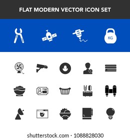 Modern, simple vector icon set with weight, camera, space, cheeseburger, person, machine, security, reparation, add, basket, restaurant, work, industrial, sign, tool, store, drill, hand, fan, id icons