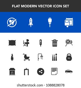 Modern, simple vector icon set with health, garbage, stroller, recycle, light, white, lollipop, candy, table, trash, journey, child, raw, dentist, pram, travel, desk, bath, office, baby, street icons
