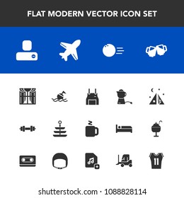 Modern, simple vector icon set with ball, home, plane, food, person, sport, pin, light, equipment, fun, aircraft, pinafore, teapot, travel, camp, tent, gym, social, bar, interior, lifebuoy, tea icons