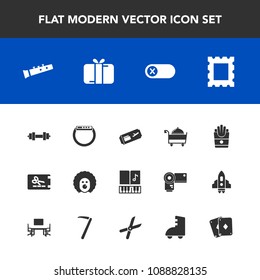 Modern, simple vector icon set with present, frame, border, potato, smart, off, note, flight, gadget, sound, gift, gym, celebration, time, restaurant, energy, picture, discount, character, price icons