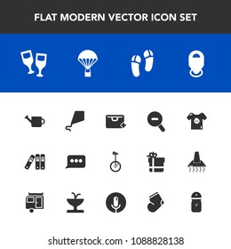 Modern, simple vector icon set with bag, map, joy, baby, circus, file, drink, kite, parachute, summer, alcohol, sky, glass, message, red, location, pepper, chat, can, sale, web, speech, bike icons
