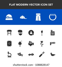 Modern, simple vector icon set with game, drink, hat, equipment, chair, home, kitchen, alcohol, ice, wine, food, video, play, account, camera, smart, poker, cap, bucket, sign, graphic, female icons