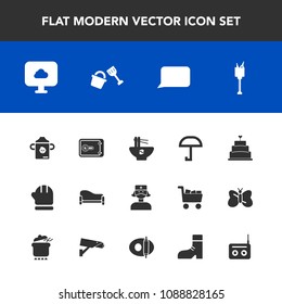 Modern, simple vector icon set with speech, dessert, meal, bowl, warm, money, home, food, safe, winter, alcohol, bottle, scarf, medical, umbrella, care, room, interior, sofa, cake, shovel, cloud icons