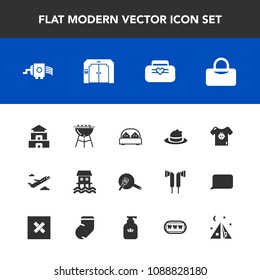 Modern, simple vector icon set with food, houseboat, sign, meat, pan, child, bbq, furniture, boat, double, barbecue, clothing, pagoda, style, bed, tent, object, culture, asia, hat, temple, bag icons
