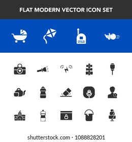 Modern, simple vector icon set with pram, boy, energy, light, hygiene, electric, pin, eraser, fun, beverage, water, rubber, ball, shine, child, city, lantern, fitness, white, ecology, leisure icons
