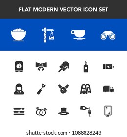 Modern, simple vector icon set with cafe, bow, cream, battery, equipment, cappuccino, sign, spoon, bottle, tie, white, business, lady, glass, ice, drink, face, percent, suit, cup, construction icons
