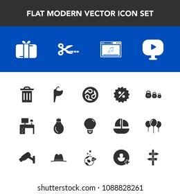 Modern, simple vector icon set with bulb, price, garbage, add, gift, celebration, holiday, mon, japanese, faucet, work, account, box, present, space, arrow, desk, music, energy, sink, tool, sign icons