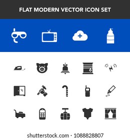 Modern, simple vector icon set with alert, work, energy, home, industry, sweet, piglet, ecology, tv, helmet, spray, sport, animal, cabinet, lollipop, bell, cloud, swine, electric, pork, window icons