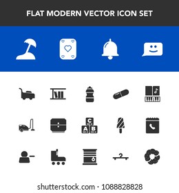 Modern, simple vector icon set with island, lawn, child, music, childhood, face, smile, chat, library, beach, grass, cake, note, water, medicine, call, mower, sweet, vacuum, toy, sound, hanger icons