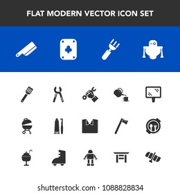 Modern, simple vector icon set with road, barbecue, grill, industrial, cutlery, hygiene, android, food, fashion, tea, foreman, robot, futuristic, street, helmet, sign, cup, builder, toothbrush icons