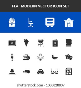 Modern, simple vector icon set with film, grill, snack, notebook, entertainment, red, meat, drink, alcohol, estate, business, cream, television, sign, cooking, house, glass, french, video, real icons