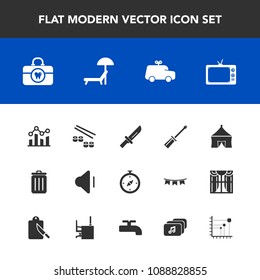 Modern, simple vector icon set with screwdriver, chart, tv, dinner, tent, sound, screen, sushi, health, compass, technology, toy, fork, child, brush, business, fish, finance, salmon, north, can icons