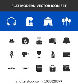 Modern, simple vector icon set with sound, dessert, birthday, outdoor, notification, cowboy, business, coffee, dryer, camp, texas, train, data, radio, folder, summer, modern, ice, fruit, drink icons