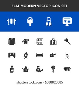 Modern, simple vector icon set with person, water, heater, cook, food, icecream, bedroom, home, road, pin, kitchen, bonfire, furniture, cart, fireplace, training, campfire, communication, play icons