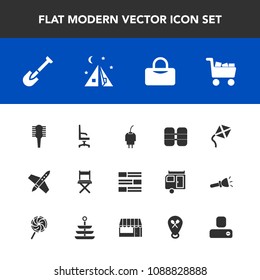 Modern, simple vector icon set with kite, tool, travel, cart, oxygen, news, outdoor, internet, armchair, brush, tank, rocket, adventure, construction, contact, power, newspaper, leisure, charger icons