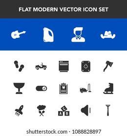 Modern, simple vector icon set with rocket, patient, poker, stove, audio, fashion, sound, hat, headwear, kitchen, footwear, chief, abc, clinic, car, razor, music, vehicle, can, gas, dentist, man icons