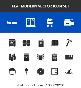 Modern, simple vector icon set with smart, wash, newborn, video, machine, care, favour, tank, cabinet, bodybuilding, wrench, equipment, book, sport, food, bowling, modern, meat, fitness, grill icons