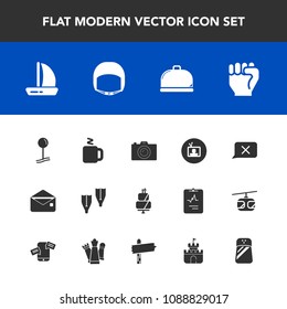 Modern, simple vector icon set with screen, mail, tv, envelope, summer, photography, equipment, restaurant, map, helmet, cake, ship, food, pie, chat, boat, belt, photographer, concept, service icons