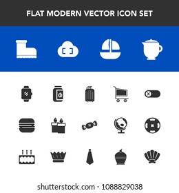 Modern, simple vector icon set with gadget, hot, fashion, screen, fire, teapot, candle, ship, technology, cart, switch, drink, burger, glass, luggage, bag, footwear, decoration, sweet, ocean icons