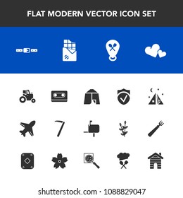 Modern, simple vector icon set with agricultural, music, background, bar, mailbox, plane, post, romance, dessert, outdoor, adventure, tape, agriculture, aircraft, restaurant, heart, camp, audio icons