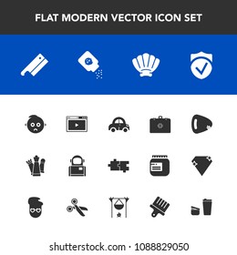 Modern, simple vector icon set with white, health, media, cosmos, baby, transport, automobile, king, child, music, seashell, emergency, car, piece, meat, puzzle, chess, security, cosmonaut, axe icons