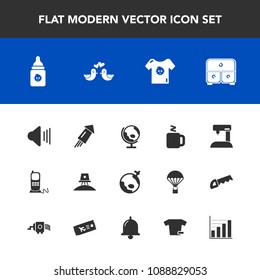Modern, simple vector icon set with cup, sewing, machine, sew, astronaut, volume, airplane, flight, celebration, fashion, map, stationary, baby, milk, global, audio, travel, planet, space, music icons