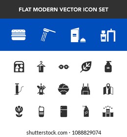 Modern, simple vector icon set with pump, paper, natural, toy, hamburger, white, hygiene, book, sunglasses, drink, shower, glasses, clothing, brochure, food, agriculture, bottle, water, hanger icons