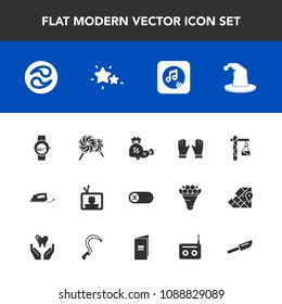 Modern, simple vector icon set with turn, technology, sweet, construction, music, japan, knife, electric, iron, media, fork, dinner, off, radio, deactivate, kamon, star, tv, time, sound, glove icons