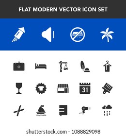 Modern, simple vector icon set with festival, hammer, palm, medical, event, construction, ink, health, volume, hanger, bed, fashion, conditioner, leaf, black, glass, music, supermarket, sound icons