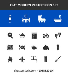 Modern, simple vector icon set with wine, drink, fun, textbook, book, literature, education, fork, knife, skate, red, estate, dirt, underwater, tea, building, bathroom, glass, house, flipper icons