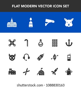 Modern, simple vector icon set with church, camera, cute, security, clean, ufo, music, control, anchor, tool, microphone, alien, food, laboratory, space, safety, health, monster, equipment, care icons