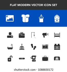 Modern, simple vector icon set with decoration, fire, snack, food, french, bathroom, photo, business, frame, baby, human, loudspeaker, wax, image, white, fireplace, plate, child, communication icons