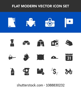 Modern, simple vector icon set with fashion, tag, winter, cleaner, spray, flag, paper, clothes, soft, white, brush, pillow, musical, camp, android, tent, file, nation, housework, travel, bed icons