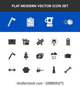 Modern, simple vector icon set with electricity, ball, holiday, football, construction, kitchen, wrench, soccer, axe, image, sweet, theater, spanner, picture, food, grater, gift, tool, present icons