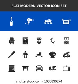 Modern, simple vector icon set with japan, ship, screen, call, electricity, equipment, ocean, tv, vehicle, armchair, power, boat, message, car, hairdryer, television, chair, mixer, pen, luggage icons