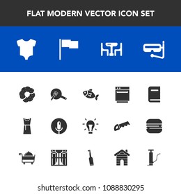 Modern, simple vector icon set with sound, microphone, voice, book, sweet, energy, idea, fish, oven, table, gas, cooking, dinner, record, kitchen, kid, cake, electricity, clothing, library, home icons