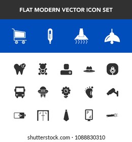 Modern, simple vector icon set with cooking, sheriff, radio, spring, transport, fluffy, technology, music, social, retail, ufo, dental, lamp, human, floral, hood, trolley, kitchen, cart, health icons