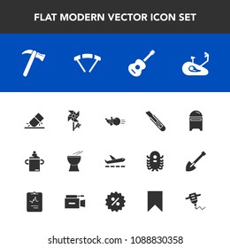 Modern, simple vector icon set with jump, wrench, mail, fun, guitar, milk, airplane, fitness, ball, floral, bike, spanner, music, bottle, food, extreme, parachuting, spring, post, travel, rubber icons