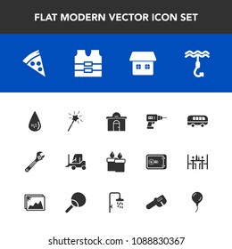 Modern, simple vector icon set with safety, jacket, lunch, drill, estate, flame, transport, birthday, speed, protective, work, wand, equipment, house, drink, delivery, road, car, wrench, water icons