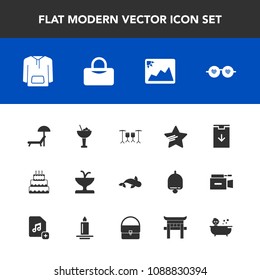 Modern, simple vector icon set with cocktail, shower, sunbed, bar, fashion, fish, jacket, alcohol, web, cake, seafood, clothing, bag, summer, drink, sign, baby, hippie, food, bath, sport, sea icons