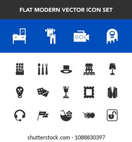 Modern, simple vector icon set with location, fashion, ufo, fork, food, houseboat, hat, video, place, collection, camera, table, clothes, spoon, furniture, alien, first, security, shirt, dessert icons