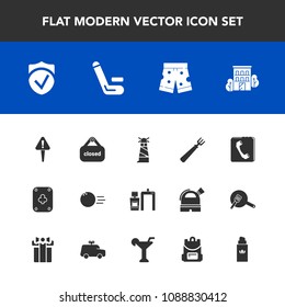 Modern, simple vector icon set with dinner, wear, phone, shorts, security, danger, game, bowling, banner, shop, internet, building, sign, machine, fun, mark, house, fork, championship, ball, sea icons