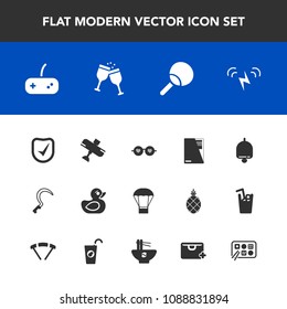 Modern, simple vector icon set with rubber, file, alarm, hippie, sign, sun, game, ping, balloon, drink, glasses, air, energy, call, sport, sickle, tool, document, security, garden, sunglasses icons