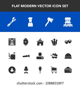 Modern, simple vector icon set with castle, smart, home, person, boat, curtain, axe, window, human, lamp, screen, office, flashlight, king, business, houseboat, game, beer, wrench, night, piece icons