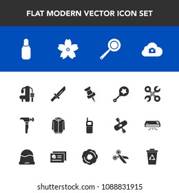 Modern, simple vector icon set with rattle, pin, industrial, exercise, communication, mobile, food, reparation, knife, repair, pan, infant, web, kitchen, old, spring, utensil, sport, hammer, map icons