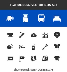 Modern, simple vector icon set with fun, cafe, clothes, location, chart, finance, video, liquid, graph, trend, cut, beverage, business, bedroom, map, tool, ball, sea, sign, fashion, cloud icons