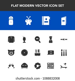 Modern, simple vector icon set with news, belt, white, butterfly, paper, vacation, restaurant, beauty, internet, spice, pepper, newspaper, summer, chief, directory, phone, swine, book, food, pig icons